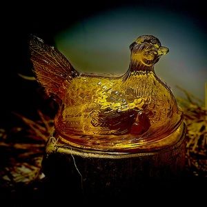 Hen butter tray dish cover. Colorful glass. Vintage glass hen. Hello glass.